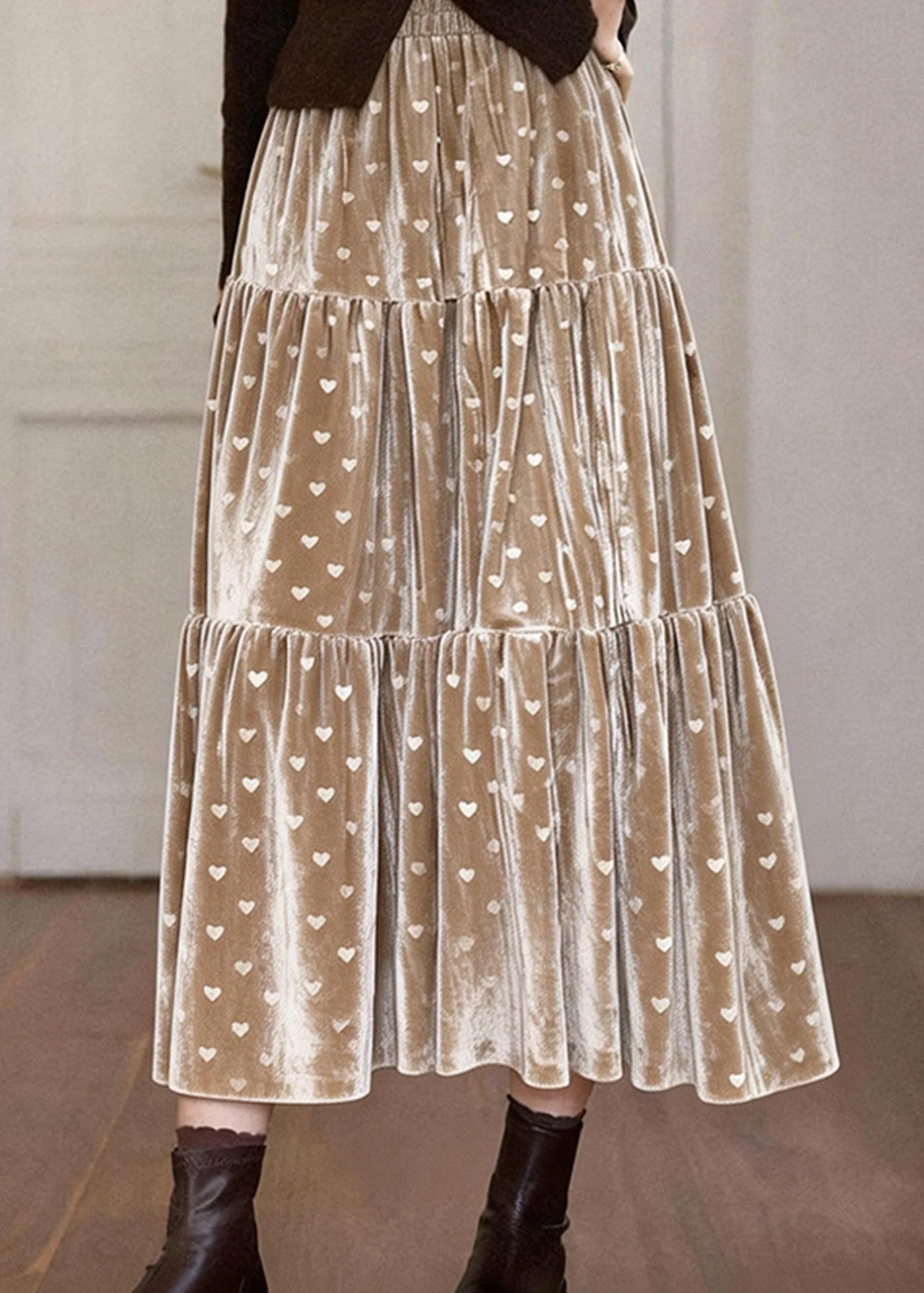 Elegant Khaki Love Print Patchwork Silk Velvet Skirts Spring - Image 5