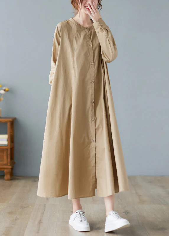 Elegant Khaki O-Neck Button Cotton Long Shirts Dress Long Sleeve - Image 3