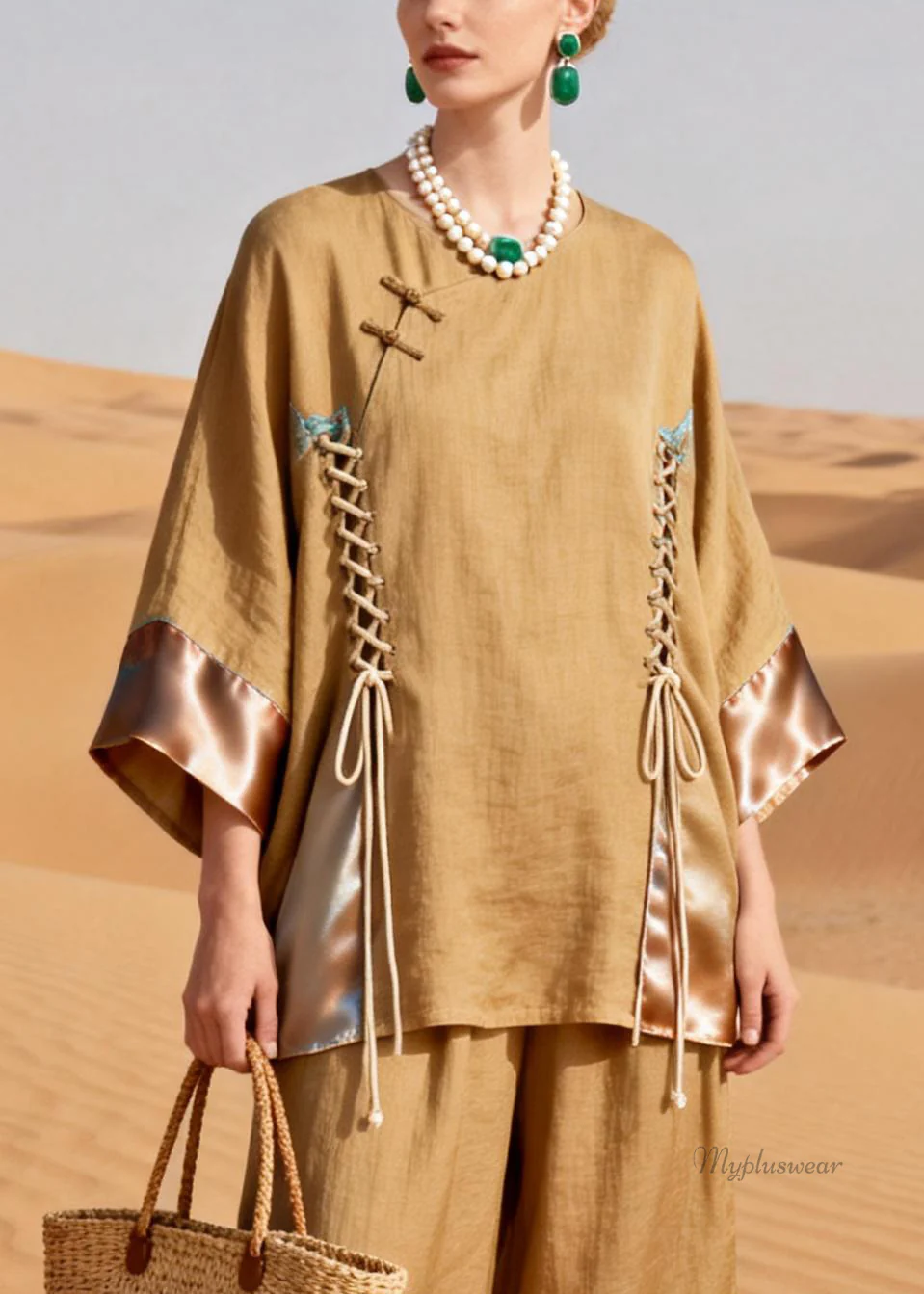 Elegant Khaki O Neck Drawstring Patchwork Shirt And Crop Pants Silk Linen Two Pieces Set - Image 2