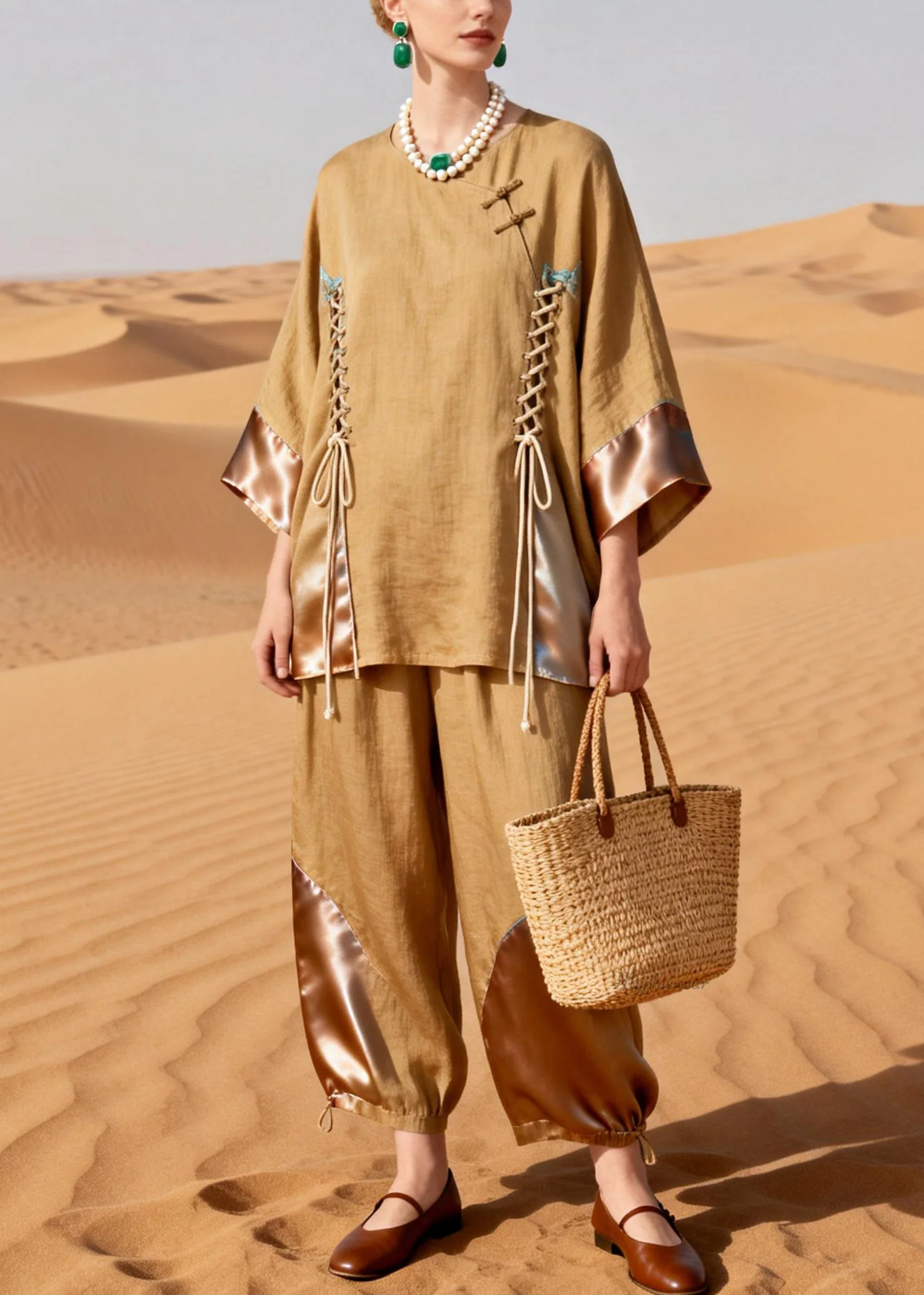 Elegant Khaki O Neck Drawstring Patchwork Shirt And Crop Pants Silk Linen Two Pieces Set - Image 3