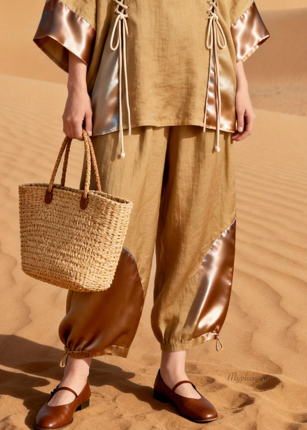 Elegant Khaki O Neck Drawstring Patchwork Shirt And Crop Pants Silk Linen Two Pieces Set - Image 4