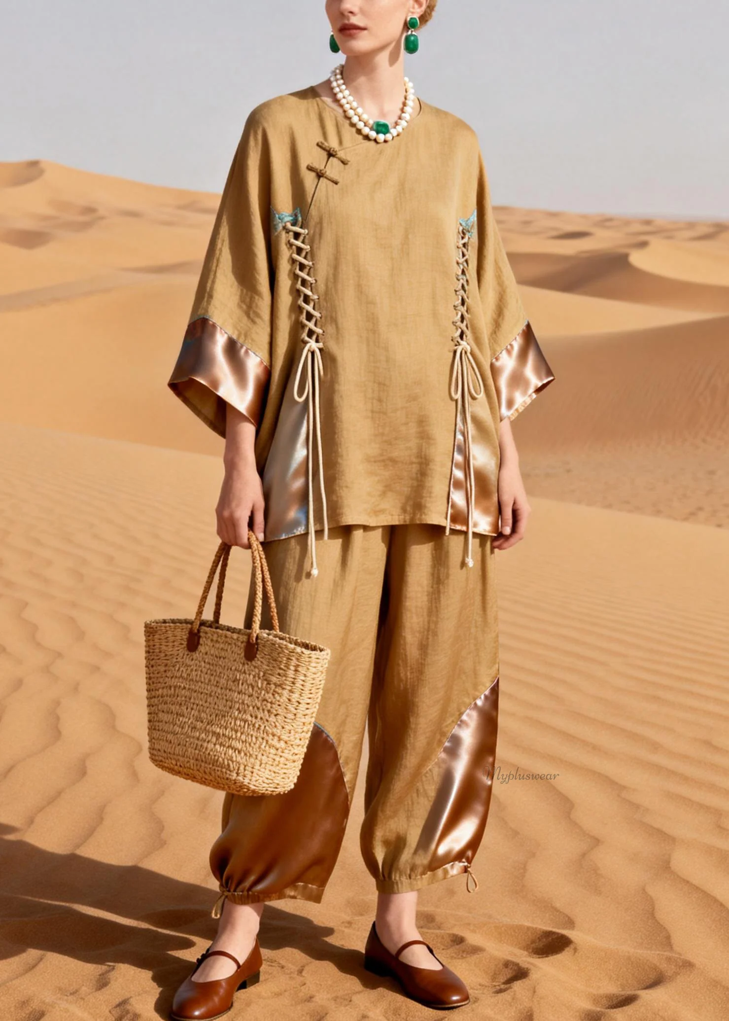 Elegant Khaki O Neck Drawstring Patchwork Shirt And Crop Pants Silk Linen Two Pieces Set - Image 5