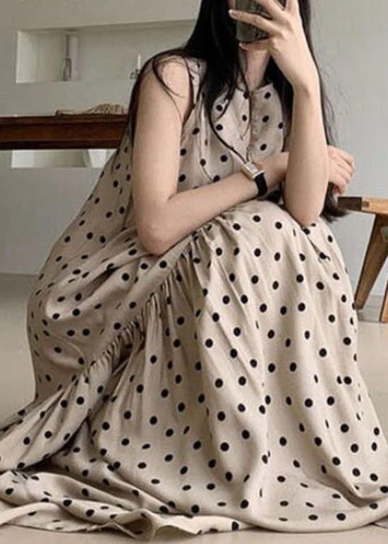 Elegant Khaki O Neck Patchwork Dot Print Cotton Dresses Summer - Image 3