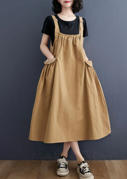 Elegant Khaki Oversized Pockets Cotton Strap A Line Dress Summer - Image 3