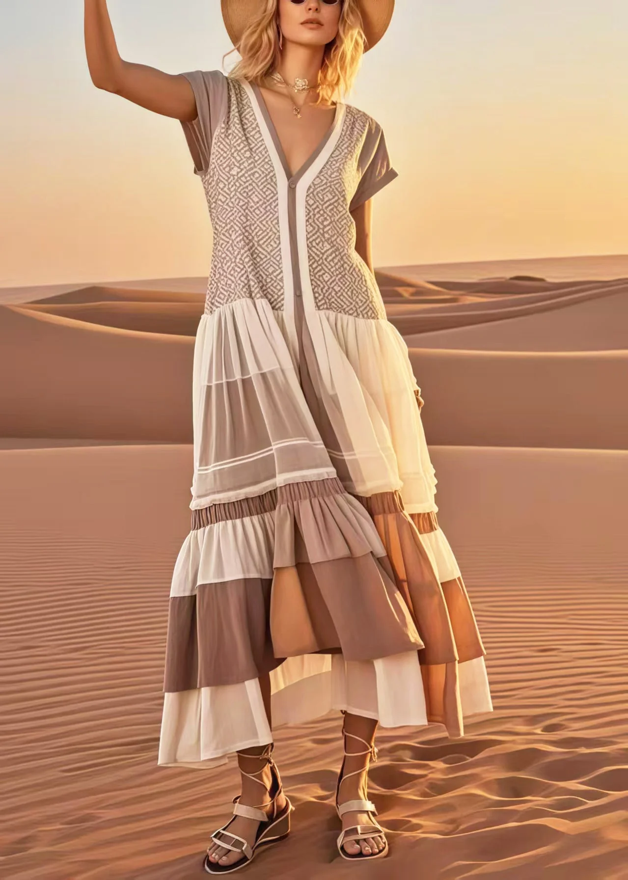 Elegant Khaki Print Patchwork Cotton Vacation Dresses Summer - Image 3