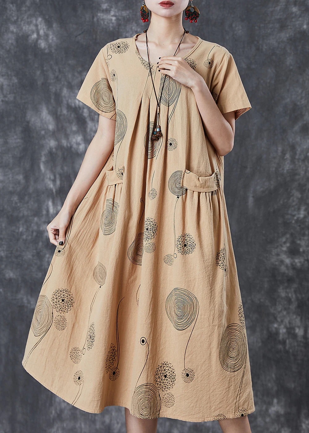 Elegant Khaki Print Pockets Cotton Holiday Dress Summer