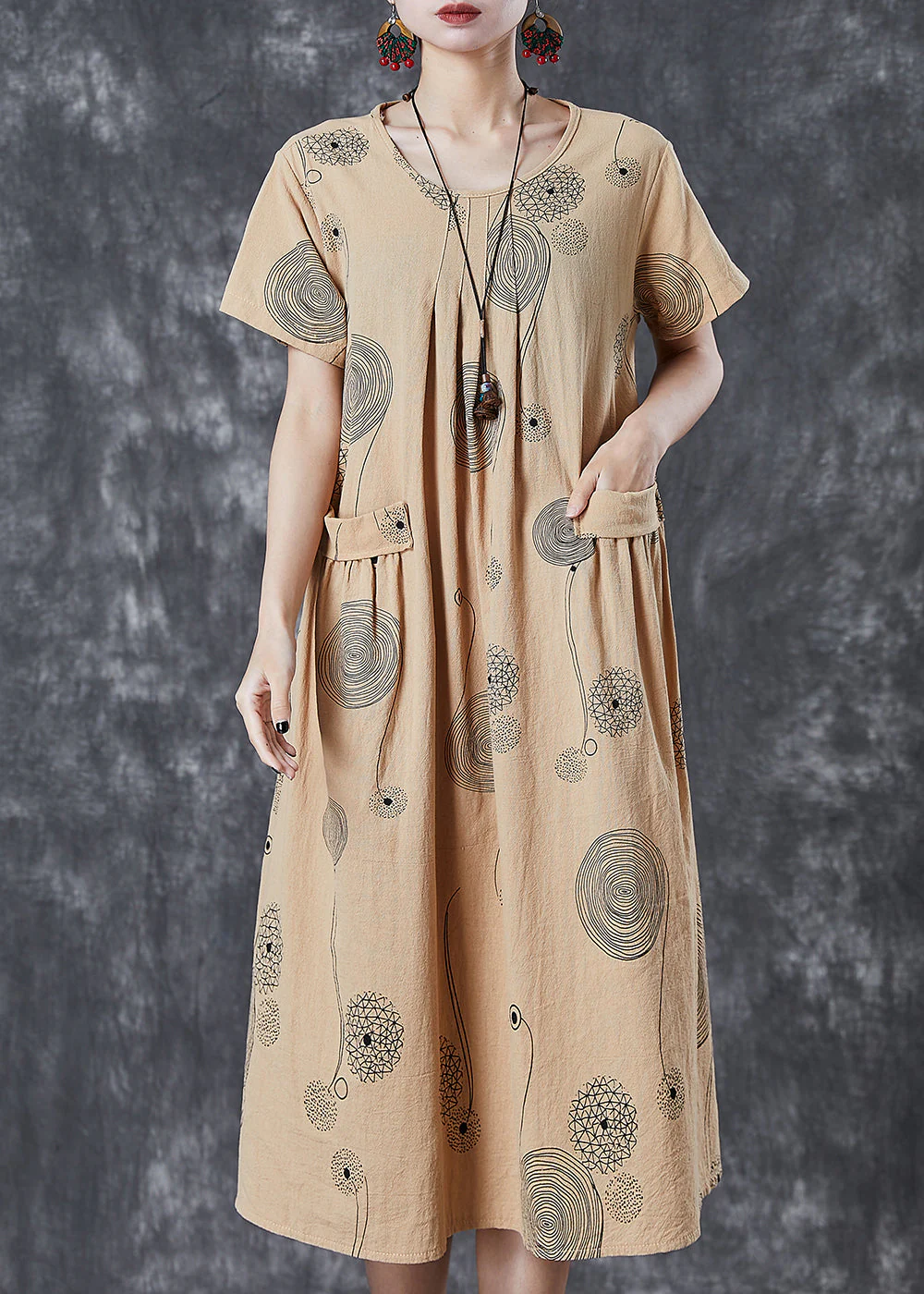 Elegant Khaki Print Pockets Cotton Holiday Dress Summer - Image 2