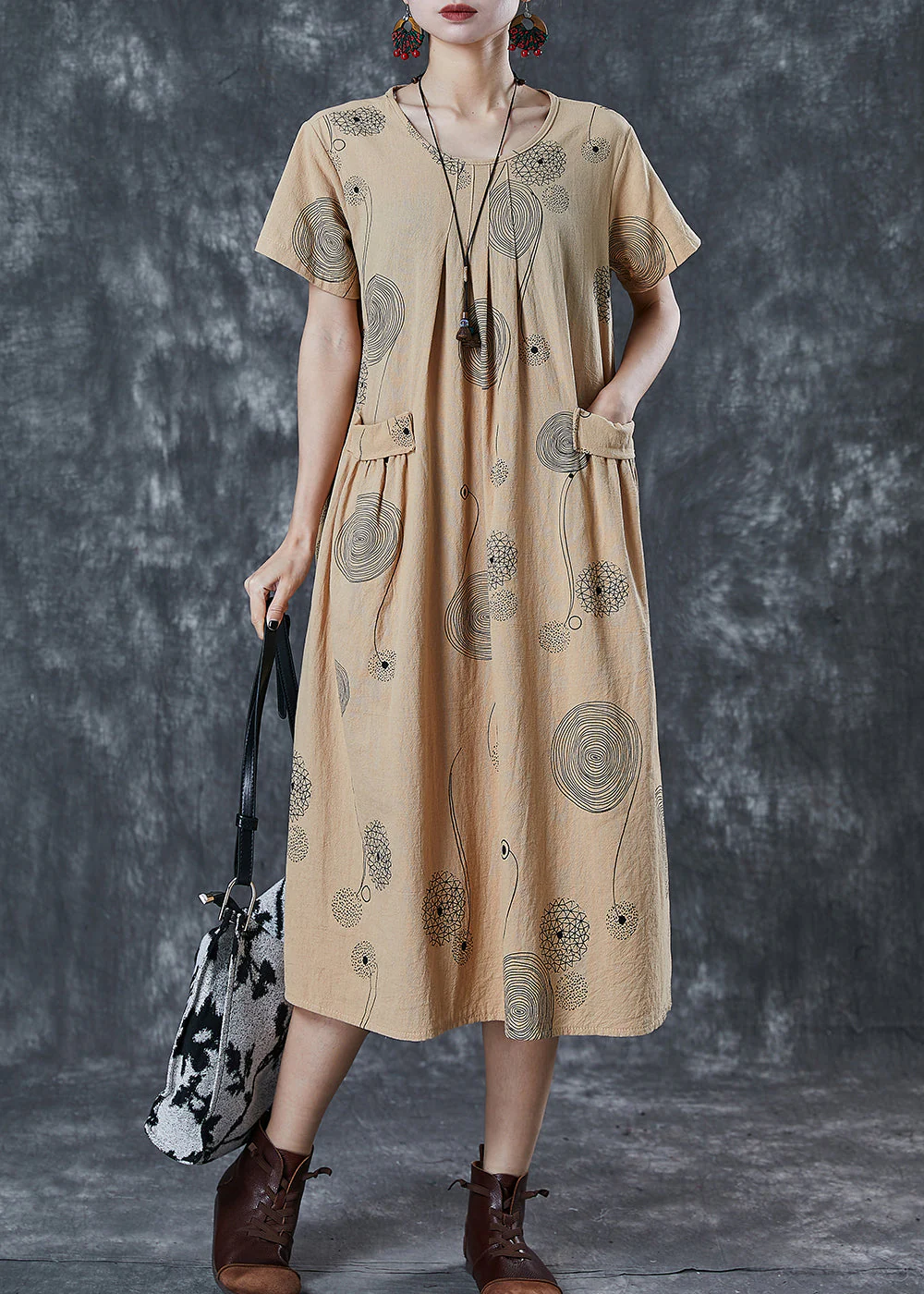 Elegant Khaki Print Pockets Cotton Holiday Dress Summer - Image 3