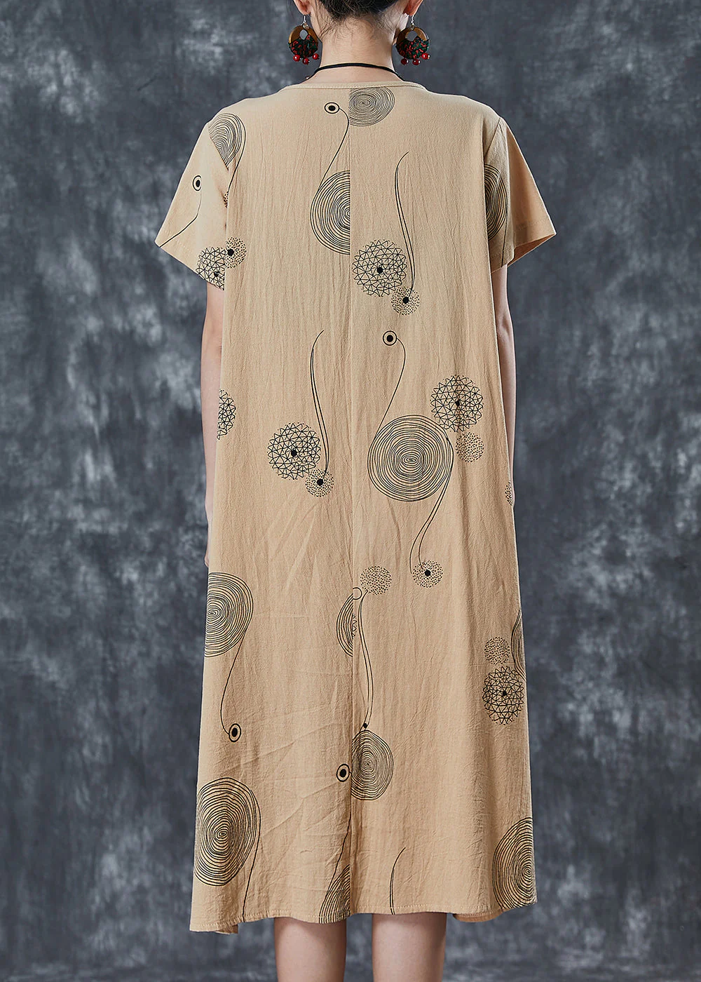 Elegant Khaki Print Pockets Cotton Holiday Dress Summer - Image 4
