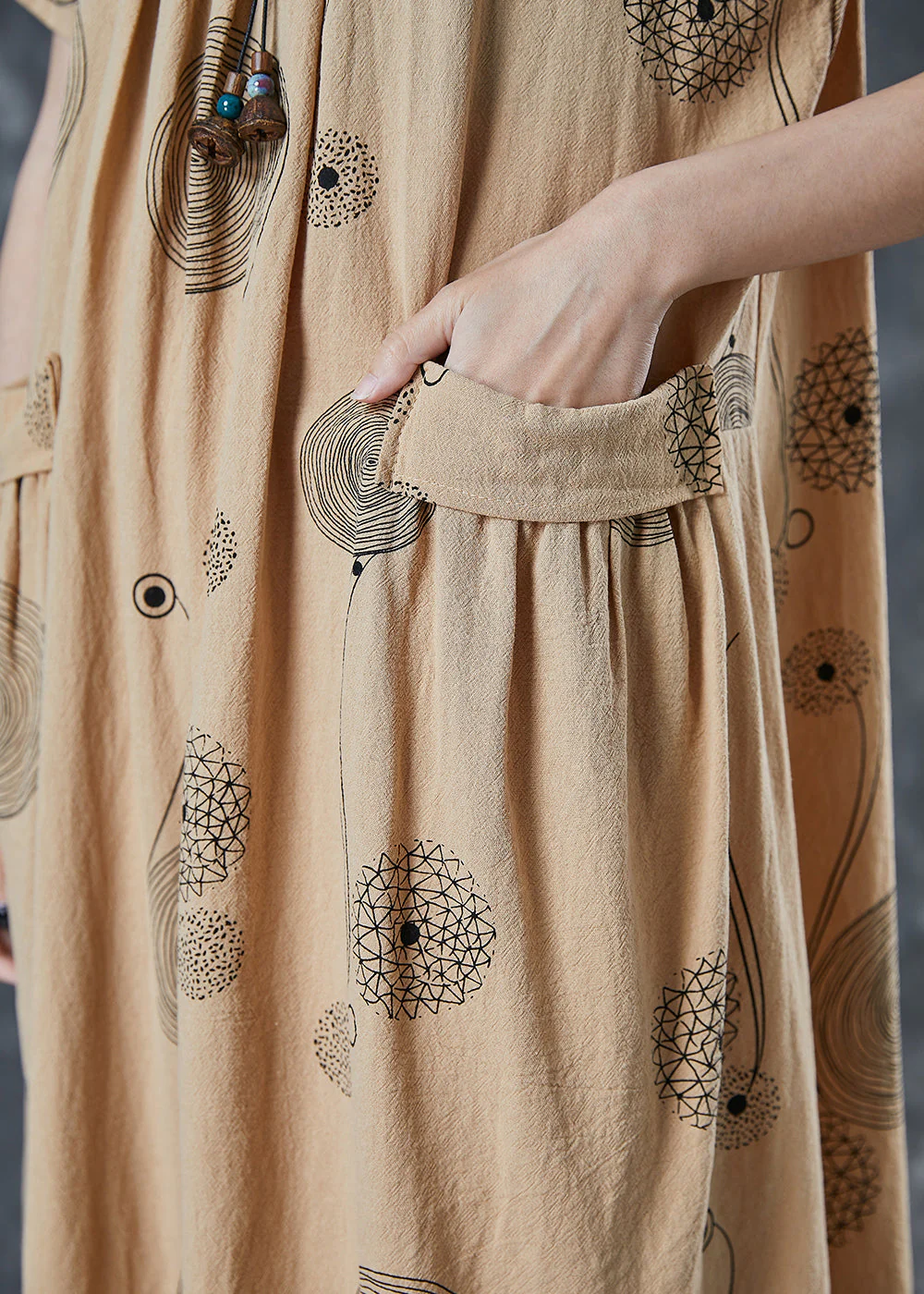 Elegant Khaki Print Pockets Cotton Holiday Dress Summer - Image 5