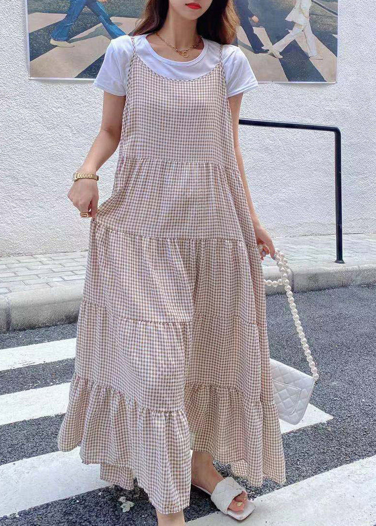 Elegant Khaki Slash Neck Plaid T Shirts And Long Dress Two Pieces Set Summer - Image 2