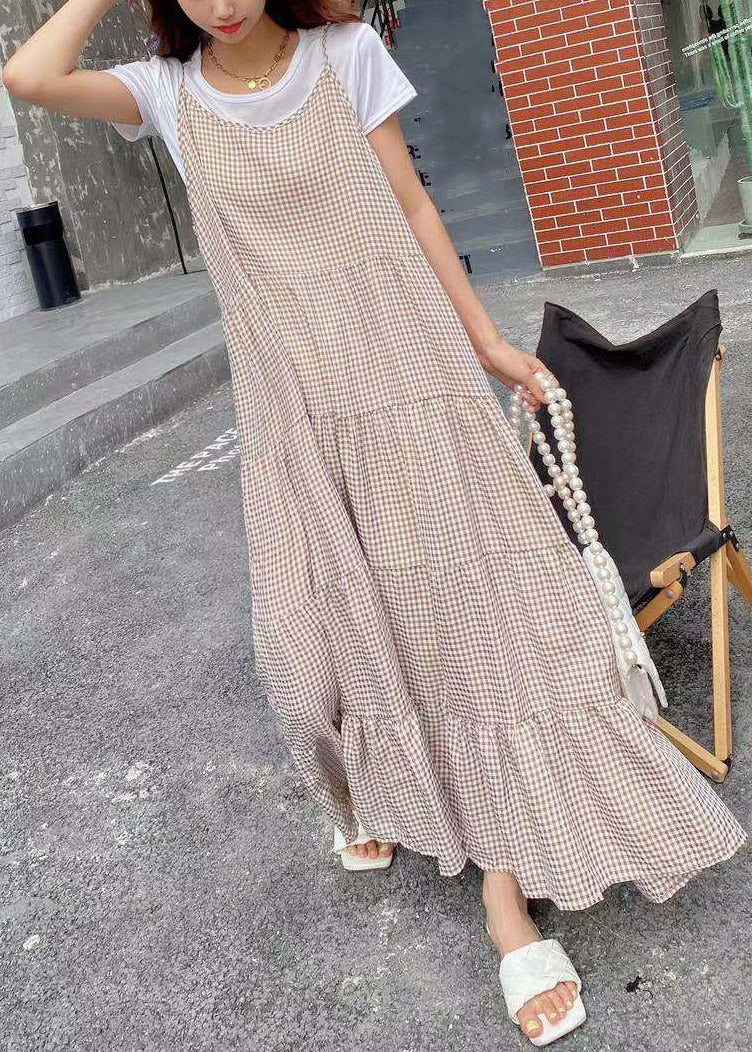 Elegant Khaki Slash Neck Plaid T Shirts And Long Dress Two Pieces Set Summer - Image 3