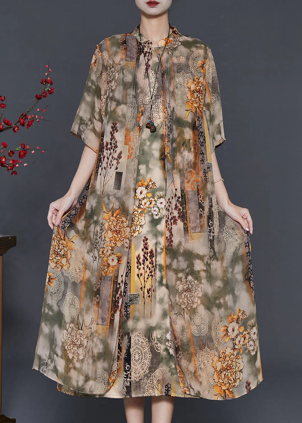 Elegant Khaki Stand Collar Print Chiffon Fake Two Piece Dress Summer - Image 2