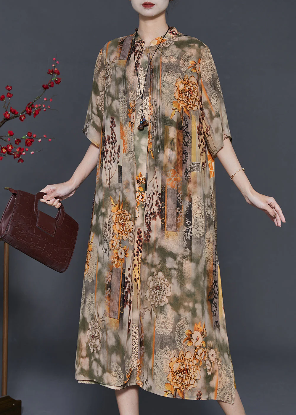 Elegant Khaki Stand Collar Print Chiffon Fake Two Piece Dress Summer - Image 3