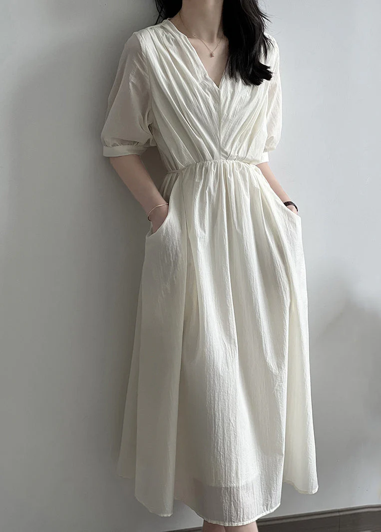 Elegant Khaki V Neck Pockets Wrinkled Cotton Dress Summer - Image 2