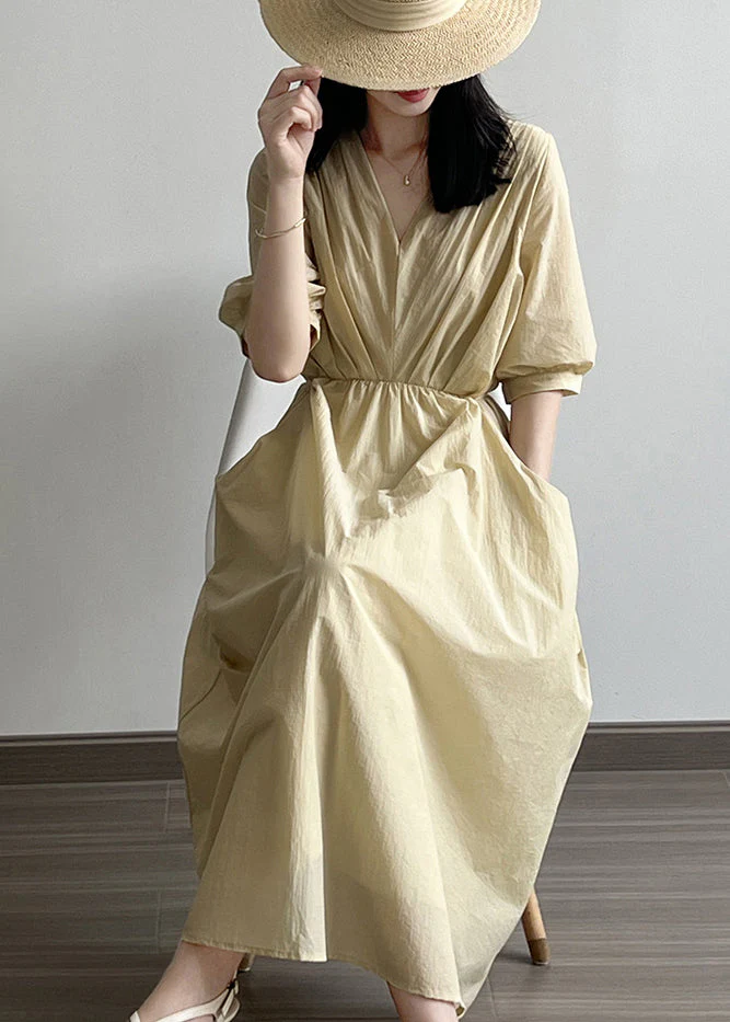Elegant Khaki V Neck Pockets Wrinkled Cotton Dress Summer - Image 3