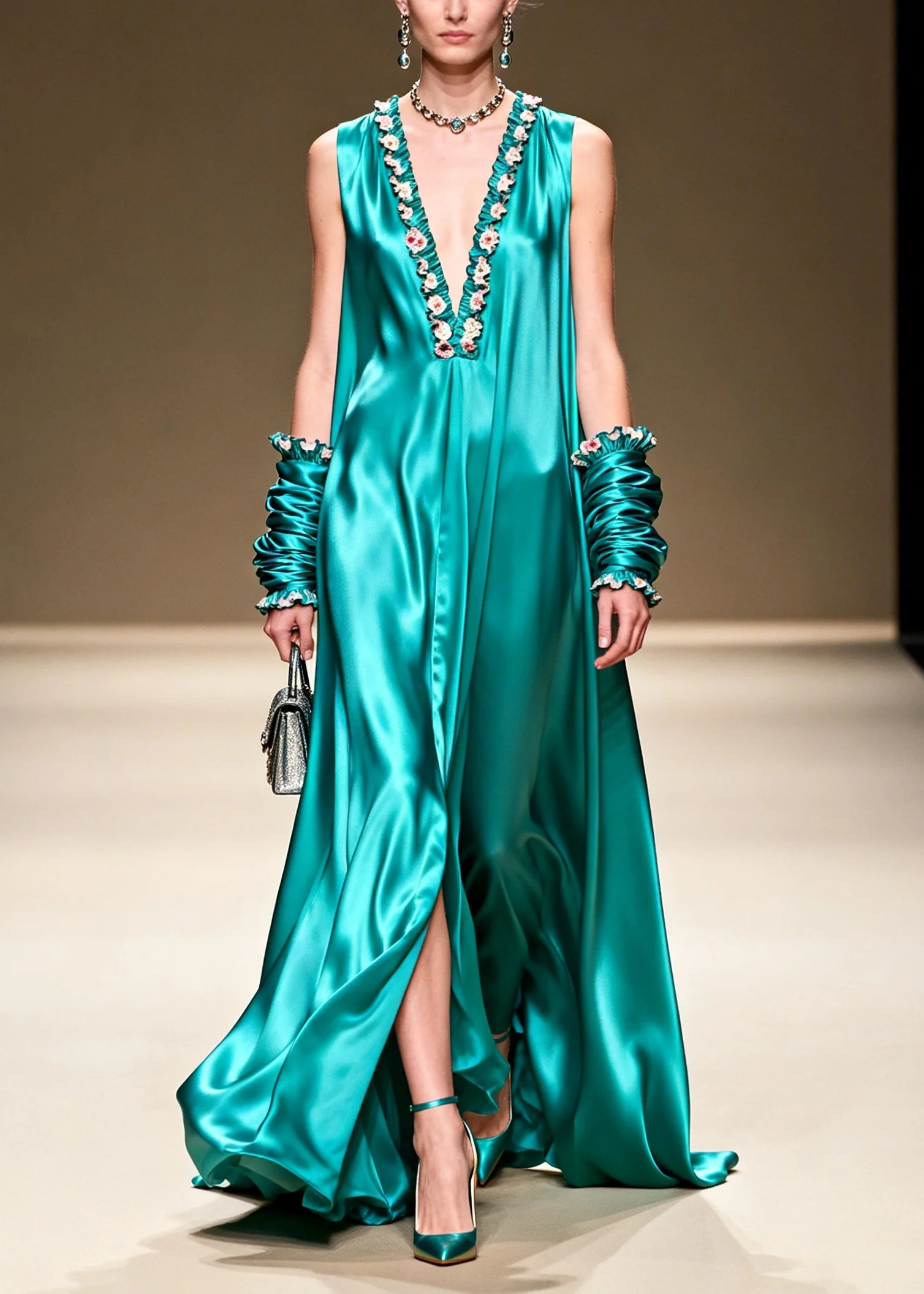Elegant Lake Green V Neck Floral Silk Long Dresses Summer - Image 3