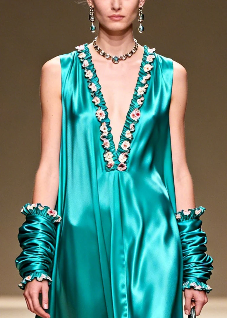 Elegant Lake Green V Neck Floral Silk Long Dresses Summer - Image 4