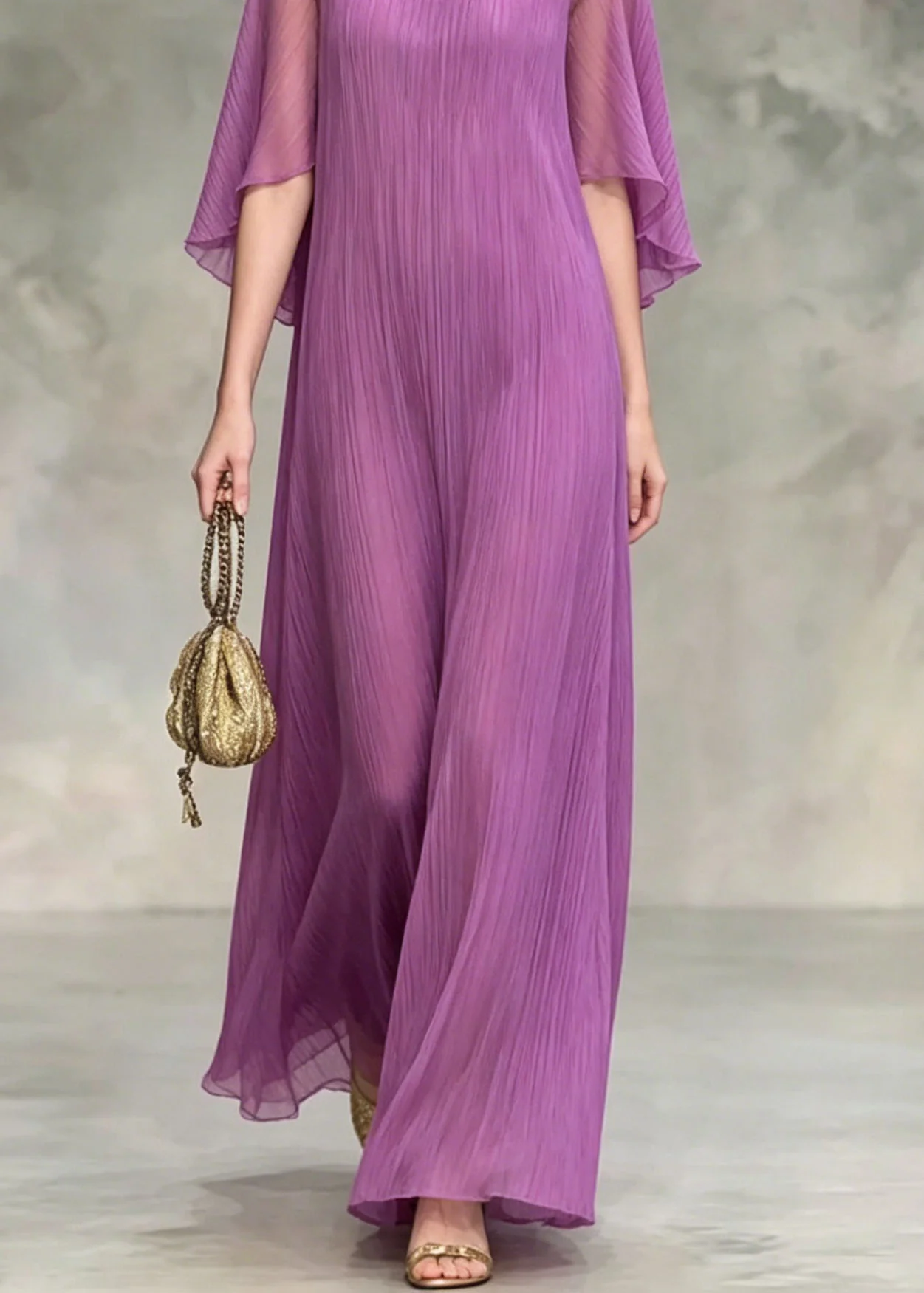 Elegant Lavender O Neck Silk Maxi Dress Summer - Image 4