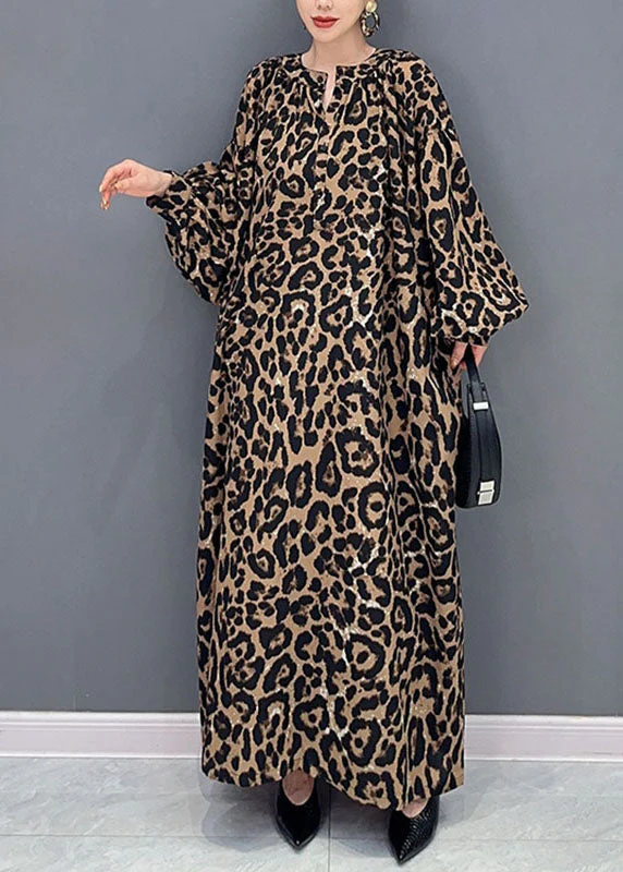 Elegant Leopard Print O-Neck Long Dress Long Sleeve - Image 2