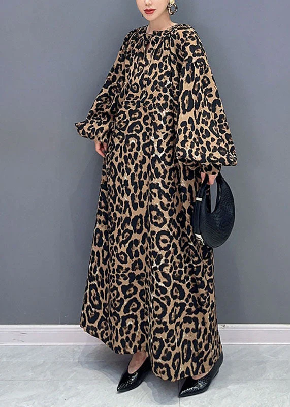 Elegant Leopard Print O-Neck Long Dress Long Sleeve - Image 3