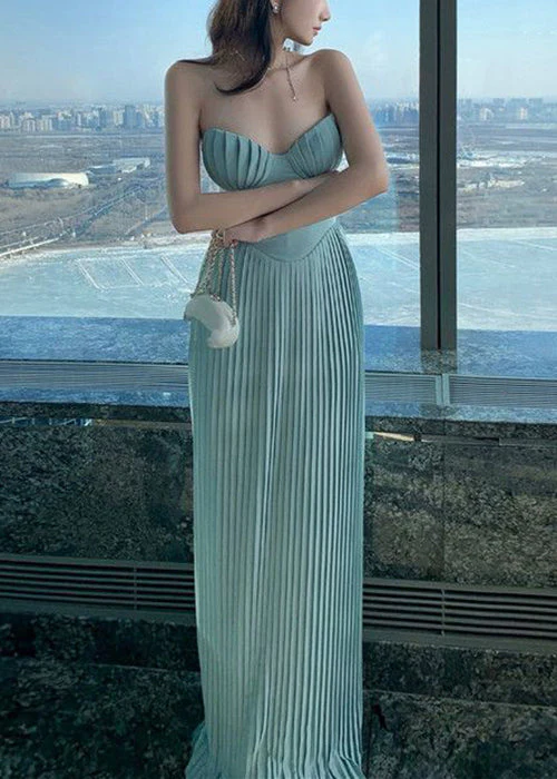 Elegant Light Blue Cold Shoulder Wrinkled Solid Cotton Party Dress Sleeveless - Image 3