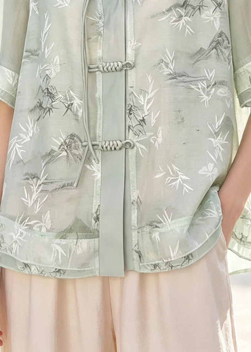 Elegant Light Blue Print Chinese Button Chiffon Shirts Summer - Image 4
