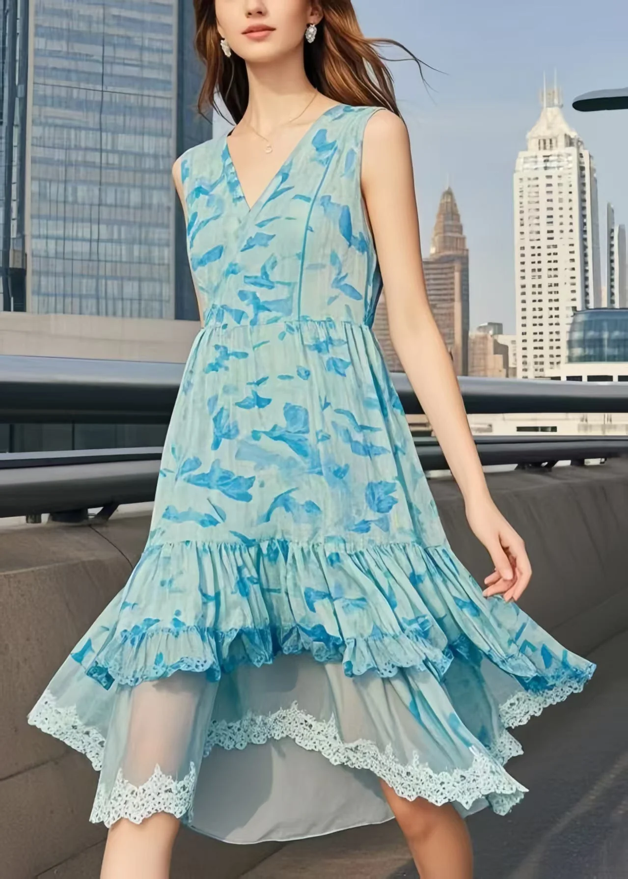 Elegant Light Blue Print Patchwork Chiffon Day Dresses Sleeveless - Image 3