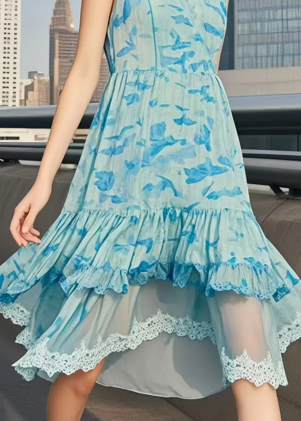 Elegant Light Blue Print Patchwork Chiffon Day Dresses Sleeveless - Image 4