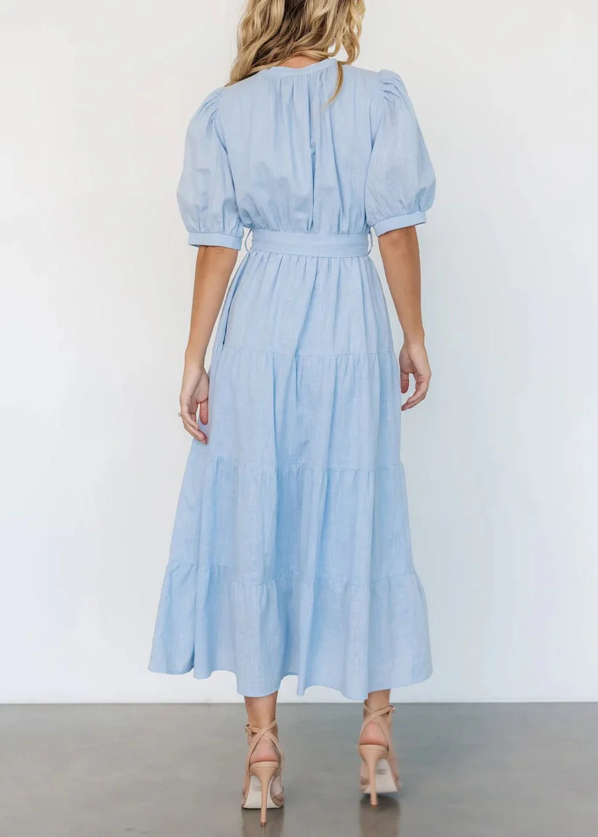 Elegant Light Blue V Neck Pockets Cotton Long Dress Summer - Image 3