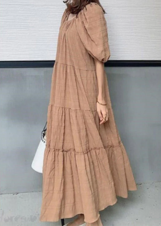 Elegant Light Green O-Neck Patchwork Wrinkled Maxi Dresses Puff Sleeve - Image 4
