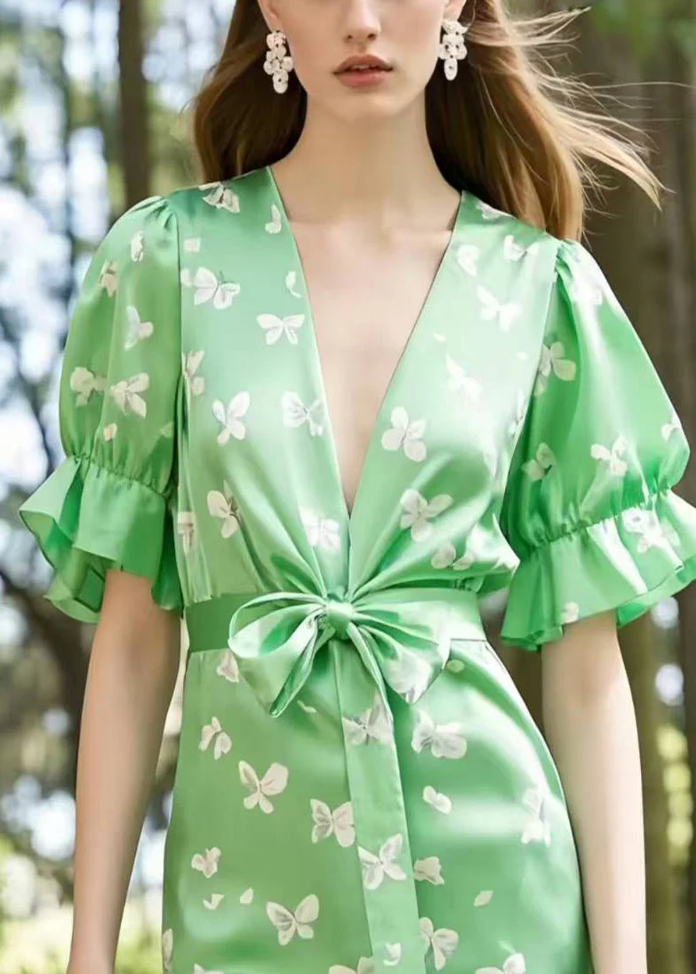 Elegant Light Green Puff Sleeve Butterfly Silk Day Dress - Image 2