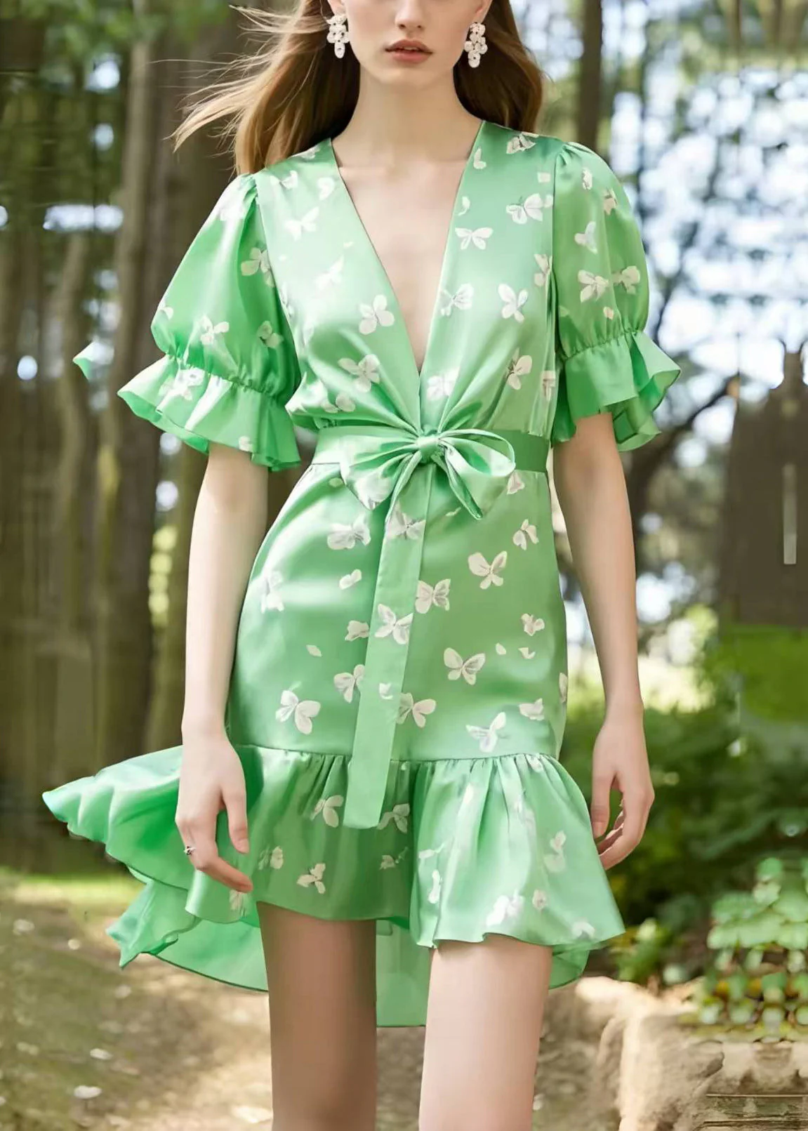Elegant Light Green Puff Sleeve Butterfly Silk Day Dress - Image 3