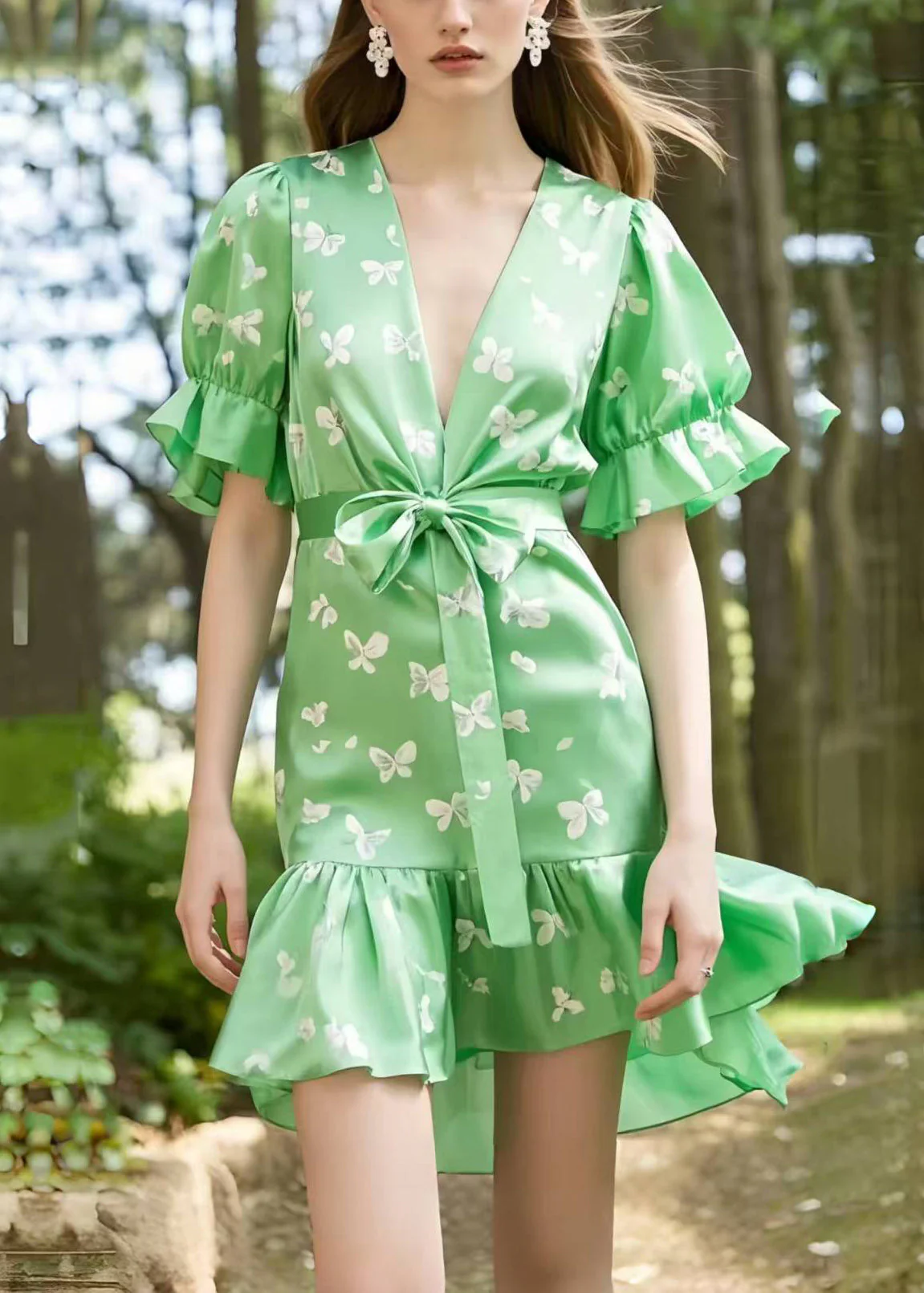Elegant Light Green Puff Sleeve Butterfly Silk Day Dress - Image 5