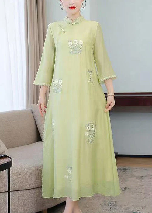 Elegant Light Green Stand Collar Embroidered Silk Long Dresses Half Sleeve - Image 3