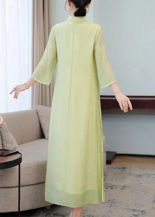 Elegant Light Green Stand Collar Embroidered Silk Long Dresses Half Sleeve - Image 5
