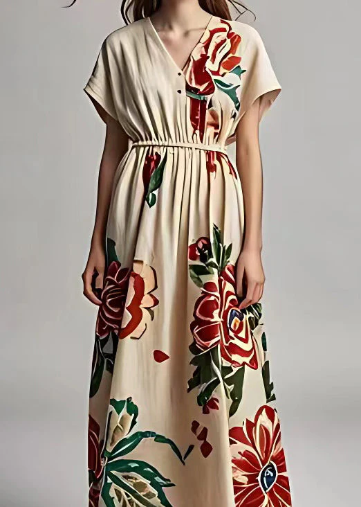 Elegant Light Khaki V Neck Print Cotton Long Dresses Summer - Image 3