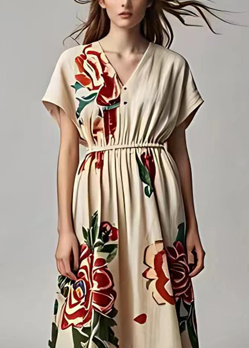 Elegant Light Khaki V Neck Print Cotton Long Dresses Summer - Image 4
