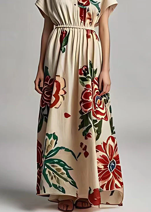 Elegant Light Khaki V Neck Print Cotton Long Dresses Summer - Image 5