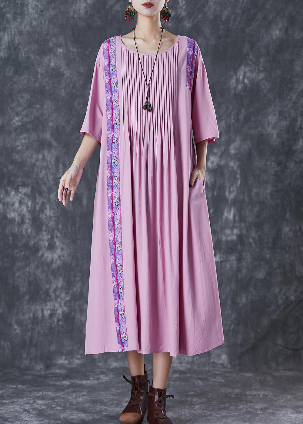 Elegant Light Purple Oversized Patchwork Wrinkled Linen Dress Half Sleeve - Image 2