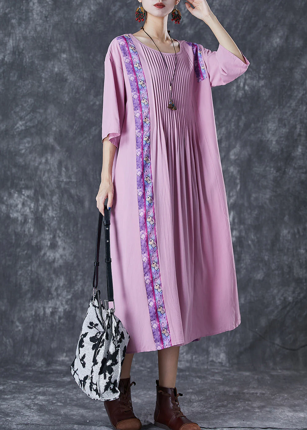 Elegant Light Purple Oversized Patchwork Wrinkled Linen Dress Half Sleeve - Image 3
