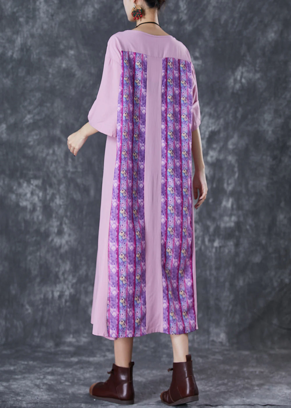 Elegant Light Purple Oversized Patchwork Wrinkled Linen Dress Half Sleeve - Image 4