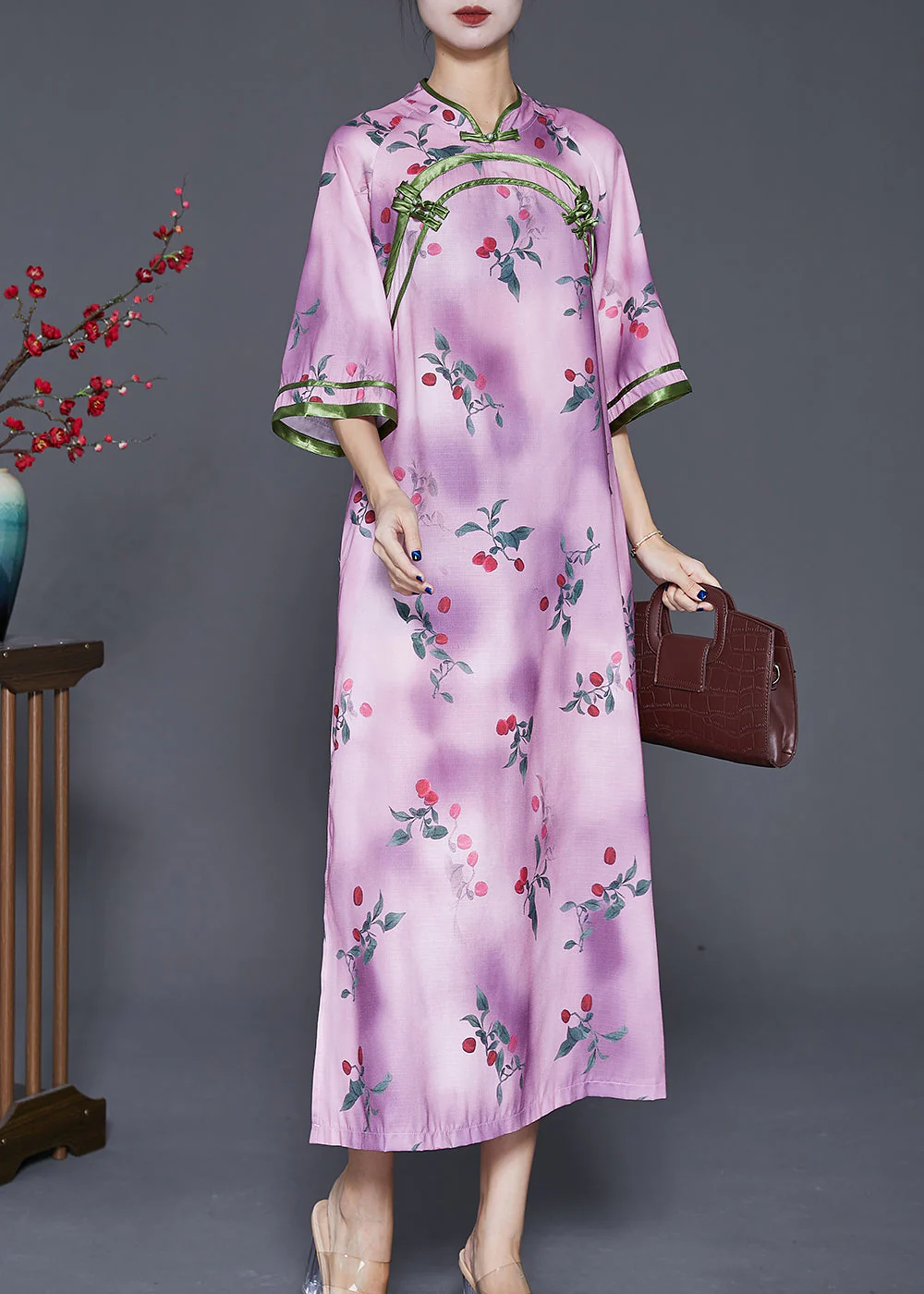 Elegant Light Purple Print Chinese Style Long Dresses Half Sleeve - Image 3