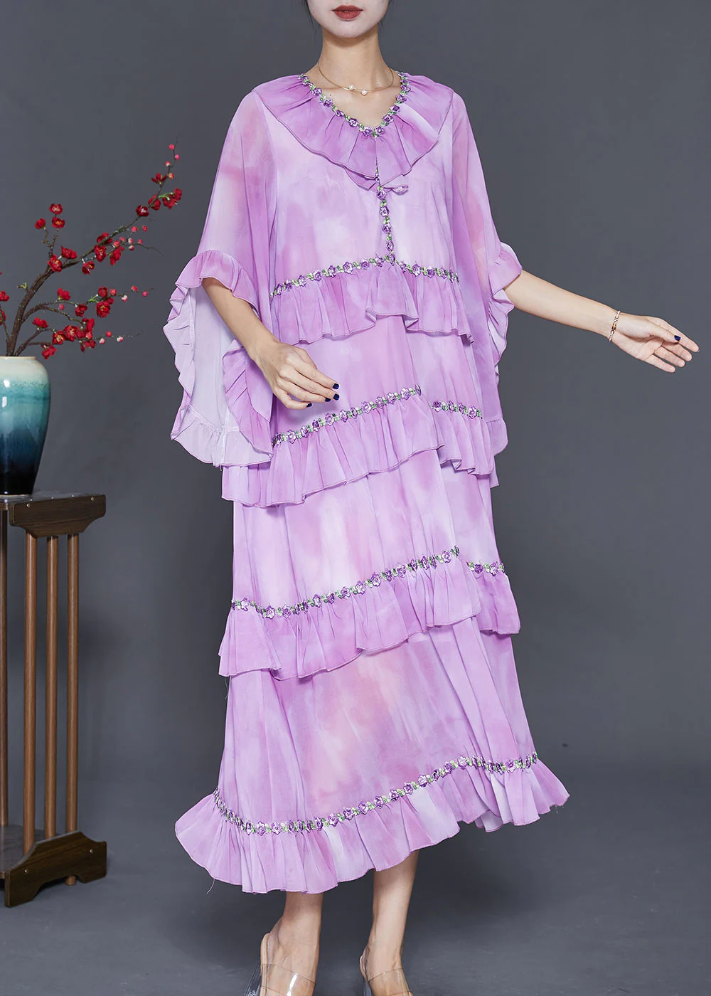 Elegant Light Purple Ruffled Tie Dye Chiffon Maxi Dresses Summer - Image 2