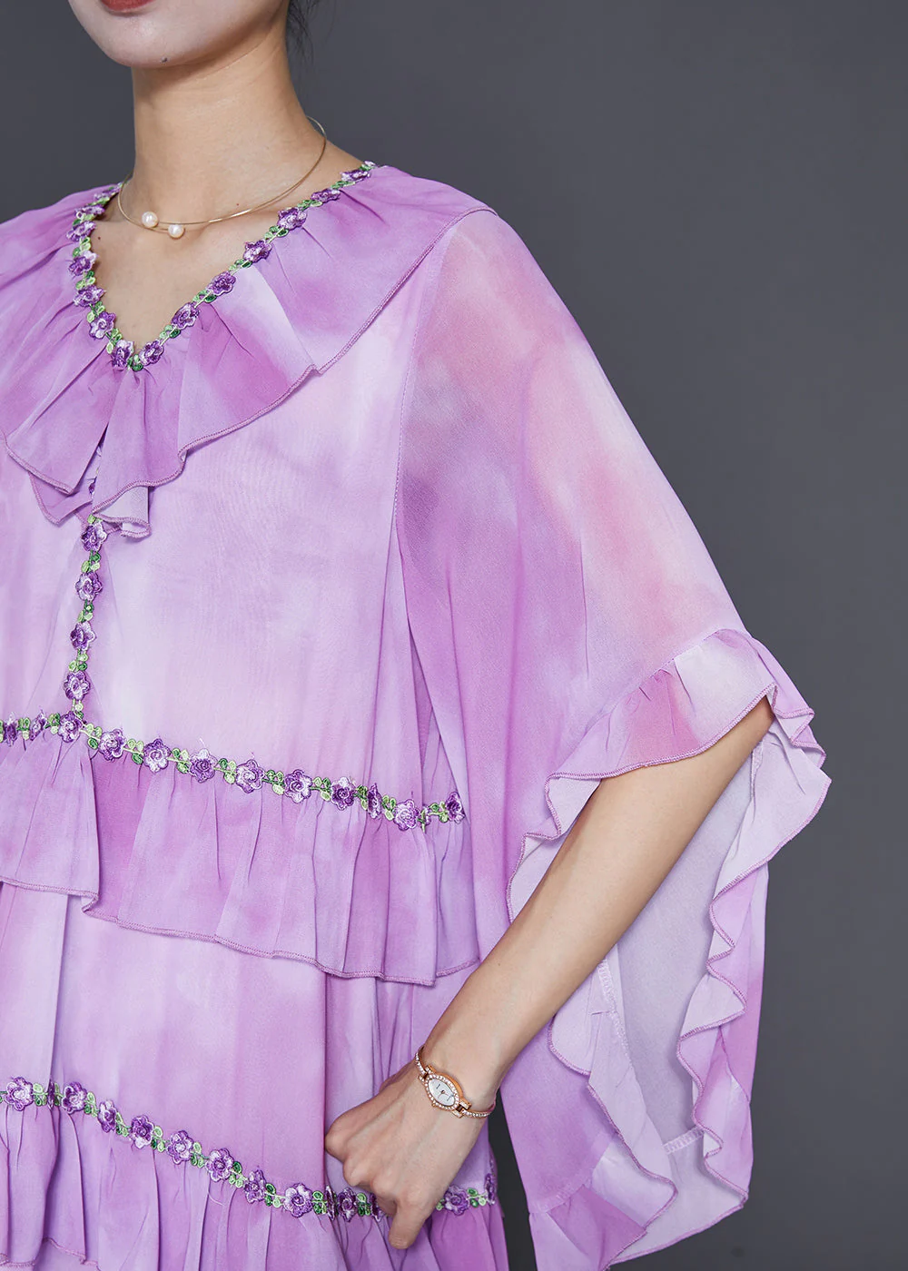 Elegant Light Purple Ruffled Tie Dye Chiffon Maxi Dresses Summer - Image 5