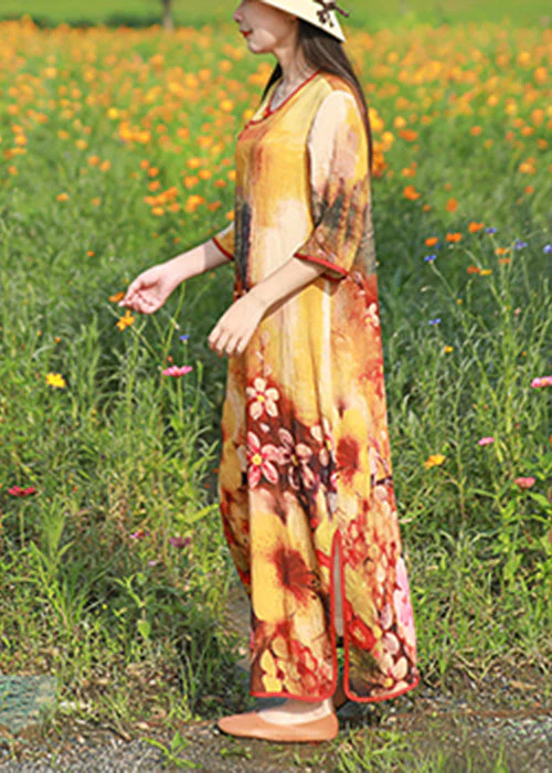 Elegant Light Yellow O-Neck side open print Long Dress Half Sleeve - Image 3
