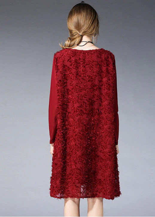 Elegant Mulberry O-Neck Jacquard Chiffon Vacation Dresses Long Sleeve - Image 5