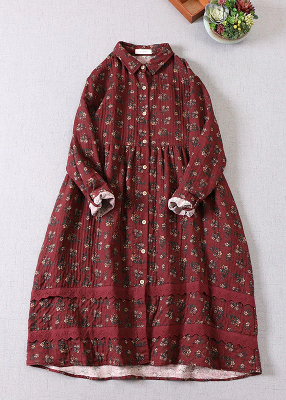 Elegant Mulberry Print Button Cotton Holiday Dress Spring - Image 2