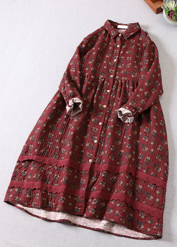 Elegant Mulberry Print Button Cotton Holiday Dress Spring - Image 3