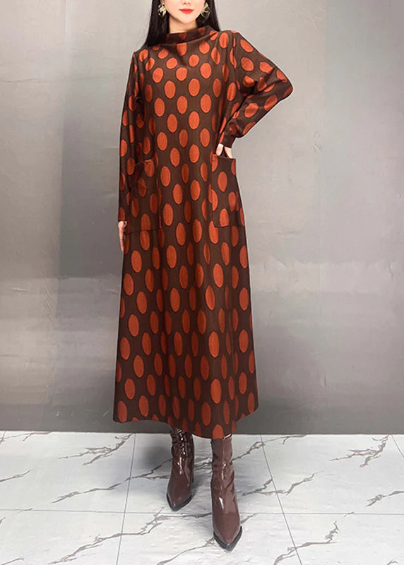 Elegant Mulberry Turtleneck Dot Print Maxi Dress Spring - Image 3